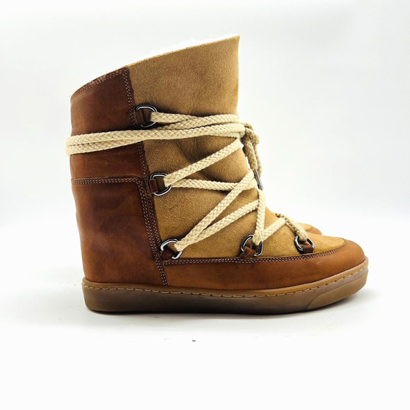 Isabel Marant Boots Womens 37 7 Nowles Brown Suede Shearling Hidden Wedge Shoes - Picture 1 of 12